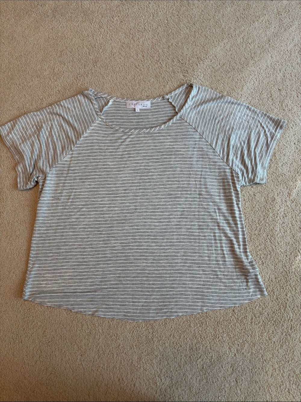 C’est La Vie grey & White Stripe Short Sleeve Tee in large